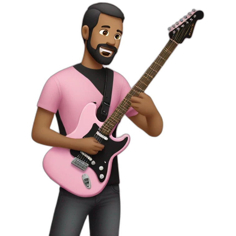 white man with dark beard and black t shirt and pastel pink stratocaster electric guitar emoji