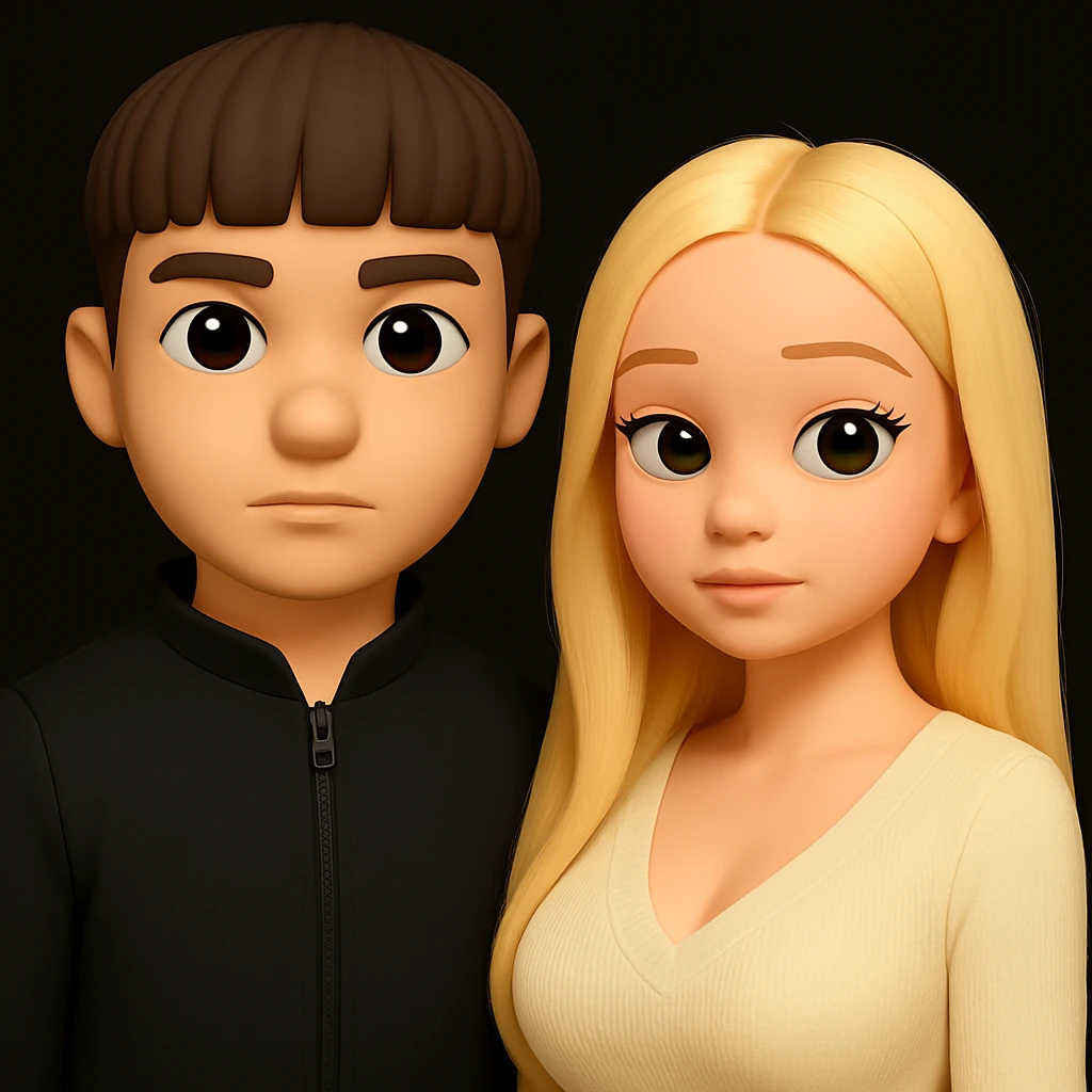 Place these two 3D emoji characters on one background, with the guy slightly taller than the girl, and slightly enlarge the girl's chest. Both should stand separately with noticeable space between them, without changing the image stylization. emoji
