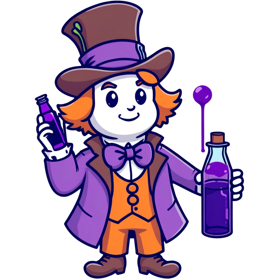 the Mad Hatter with a clear bottle with purple liquid in it emoji