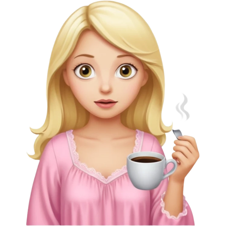 A blonde woman in a pink nightgown with wide eyes looks for coffee. emoji