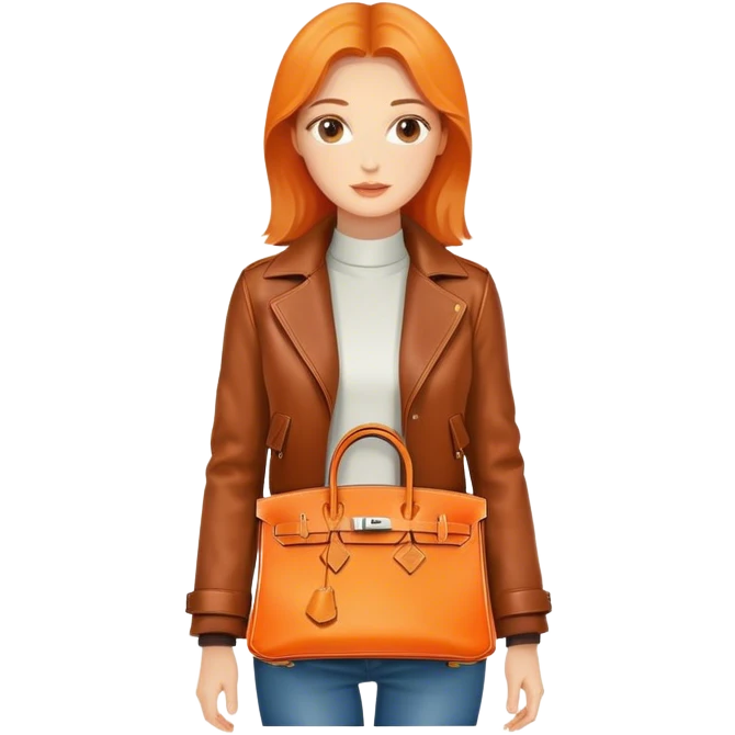 Beautiful woman wearing a leather Hermes jacket and carrying an orange Hermes Birkin Bag. I want the image to be close up.  emoji