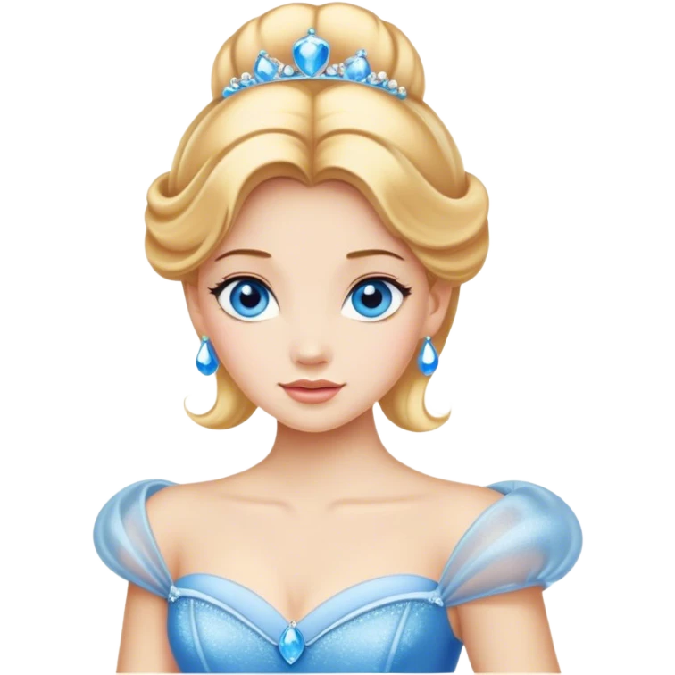 Cinematic Realistic Comical Cinderella Portrait, with every detail rendered realistically—from the soft, smooth texture of her fair skin to her artfully styled golden-blonde hair. Her bright blue eyes are wide with playful disbelief, and her expression carries a touch of whimsical humor while retaining elegant poise. Her classic ball gown, detailed with rich fabric textures and natural shadows, catches the light in a way that blends refined beauty with a hint of cheeky mischief, creating a striking, lifelike portrayal. emoji