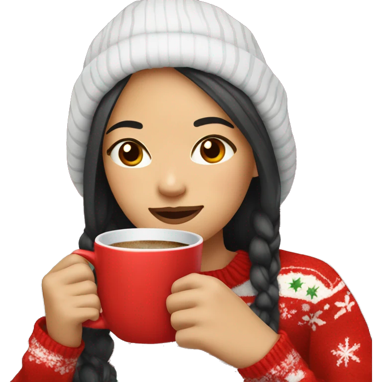 asian girl drinking coffee wearing Christmas sweater emoji
