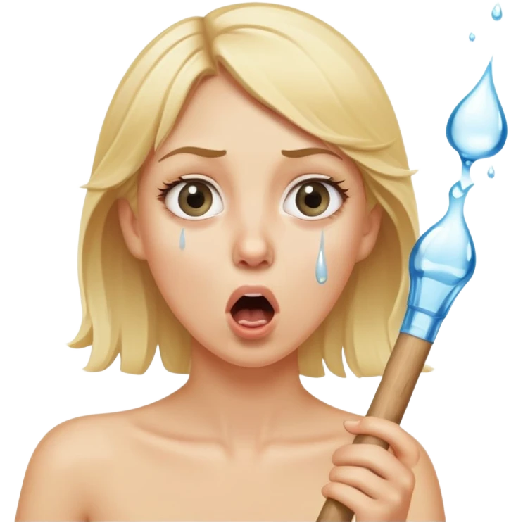 blond woman with wide eyes, holding a skin-colored stick, water squirting from the stick into her mouth, shocked face emoji