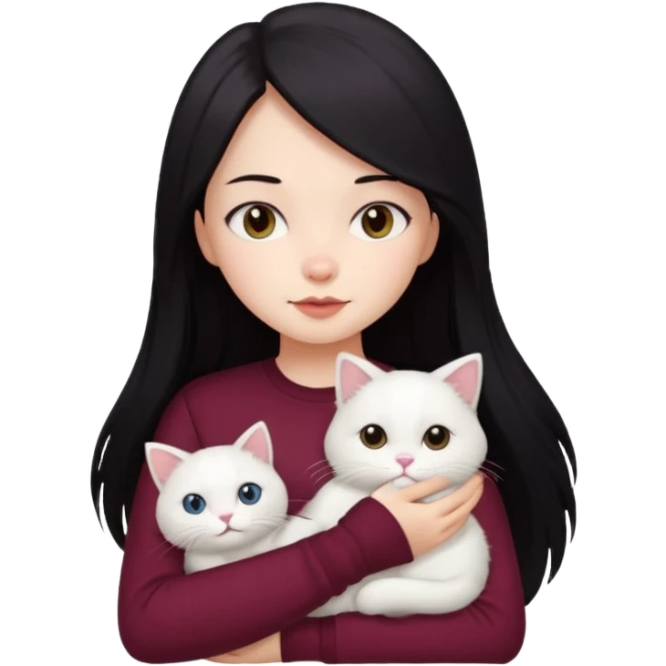 cute girl with straight long black hair, maroon shirt, carrying a cat emoji