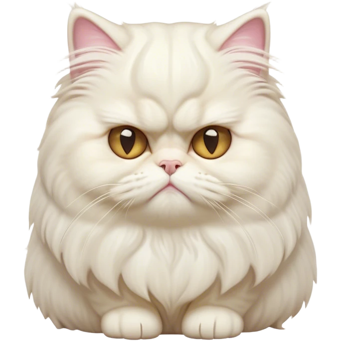 Cinematic Grumpy White Persian Cat Portrait Emoji, Head tilted playfully with a hint of sass, fluffy white fur with subtle hints of cream and golden tones, Simplified yet hilariously chubby features, highly detailed, glowing with a warm but undeniably grumpy glow, high shine, a mix of lazy and uninterested, stylized with a touch of whimsy, bright but with an expression of sheer disdain, soft glowing outline, capturing the essence of a mischievous yet chubby, grumpy kitty, so endearing it feels like it could stretch out of the screen and sarcastically demand attention with its iconic, grumpy charm! emoji