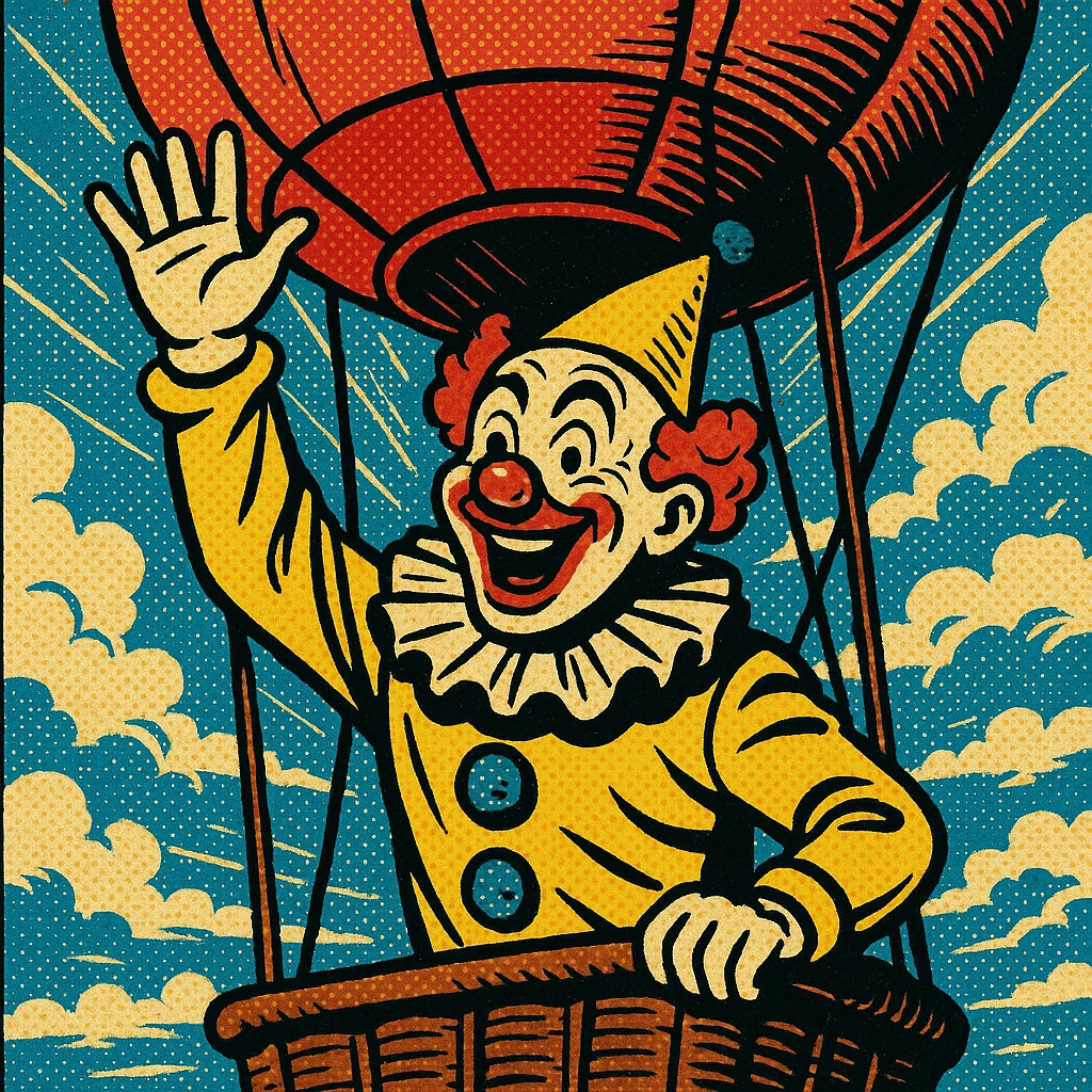 a clown waving from a hot air balloon, retro comic book illustration, dramatic sky emoji