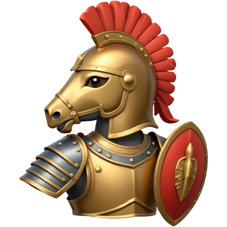 An emoji of a powerful Roman warhorse in full armor, with a feathered helmet. emoji