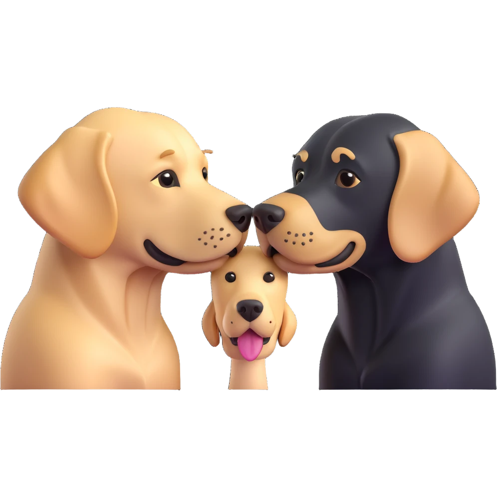 a black Labrador retriever and a blonde Labrador retriever, standing, touching noses as if kissing, 3D emoji style emoji