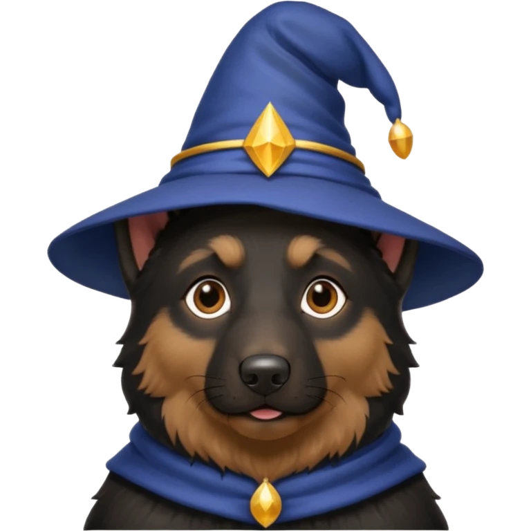 black german shepherd face wearing a wizard hat emoji
