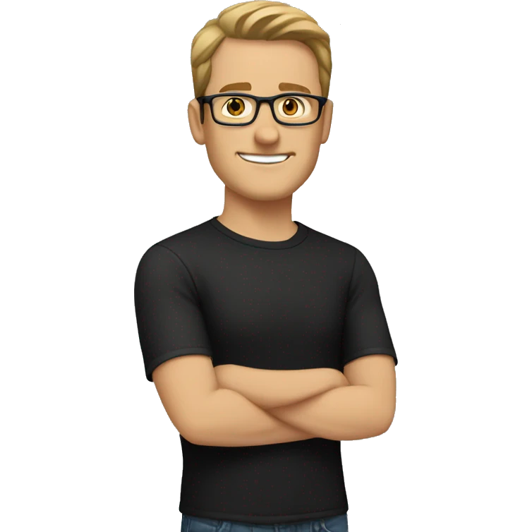 white man with short light brown hair, brown eyes, and glasses wearing a black t-shirt emoji