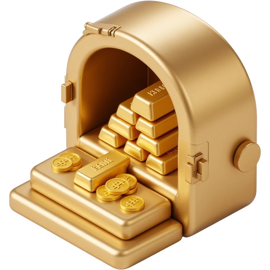 an open bank vault filled with gold bars, skeuomorphism style, realistic metal, shiny gold, 3D look emoji