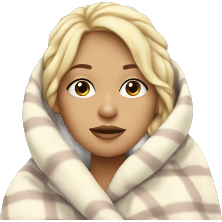 pretty blonde girl wrapped in big blanket drinking hot chocolate with marshmallows and her eyes closed emoji