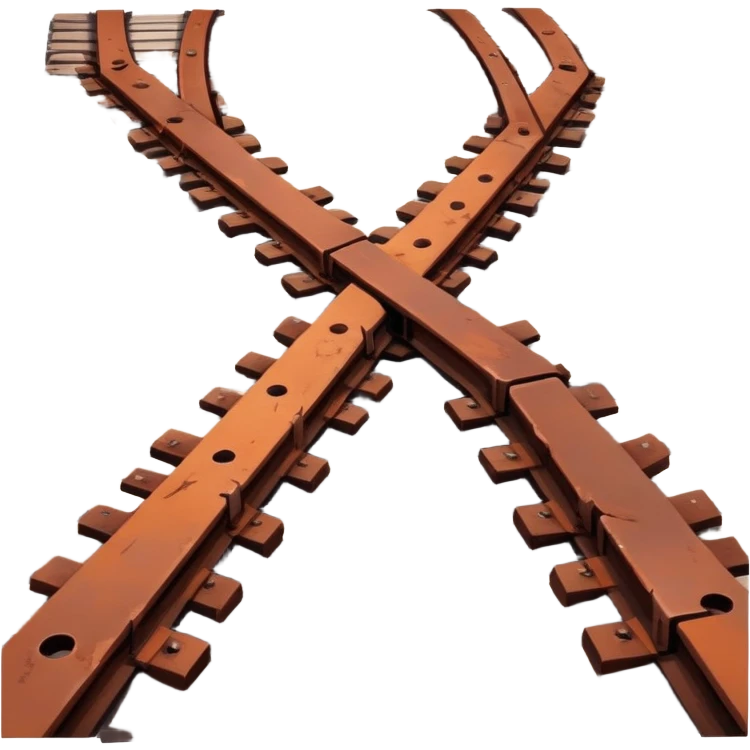 rusty railway track, weathered and old, reddish-brown rust, broken wooden ties, realistic style emoji