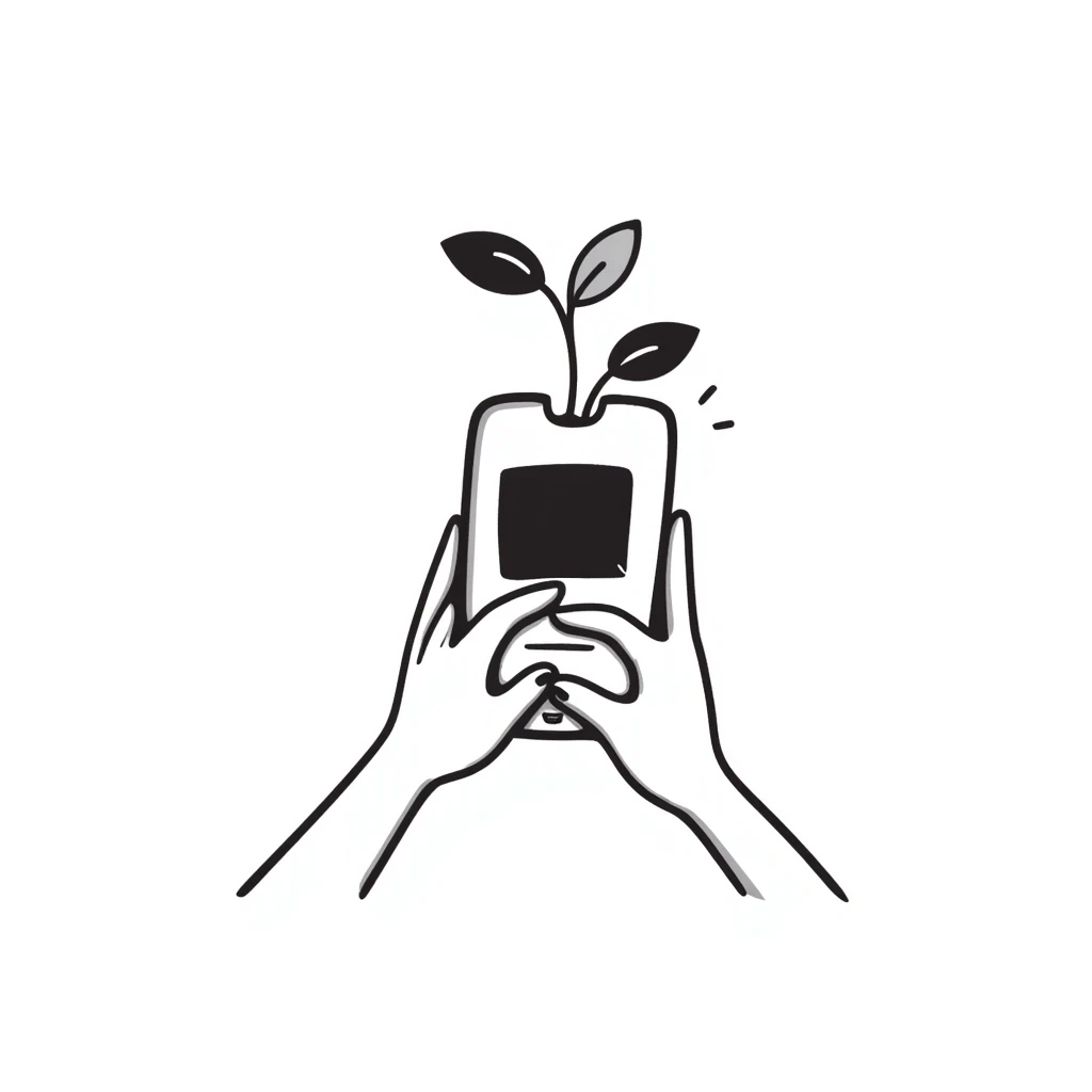 hands holding a plant sprouting from a smartphone, hand drawn doodle style, simple lines, black and white emoji