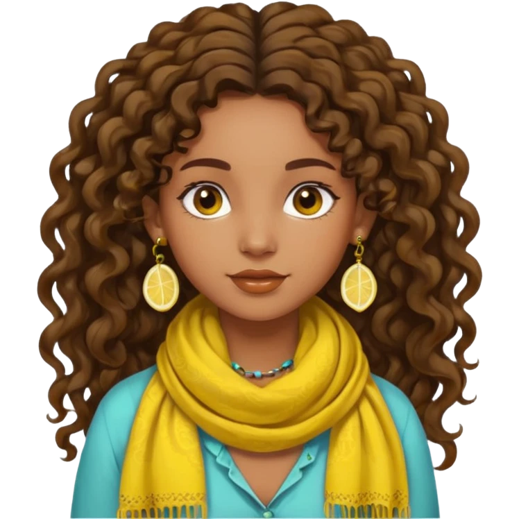 bohemian girl with brown skin, long curly brown hair tied up high at the back, lemon yellow scarf, round earrings emoji