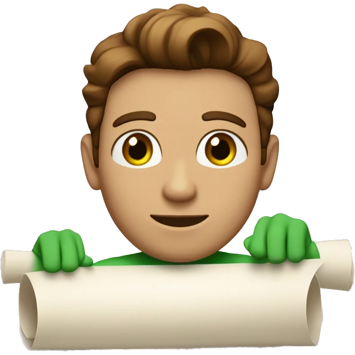 a light-skinned green-eyed man with styled brown hair (brushed back) sitting in front of the long white paper scroll emoji