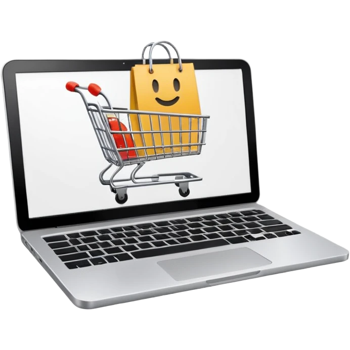 a laptop with a shopping cart on a white screen emoji