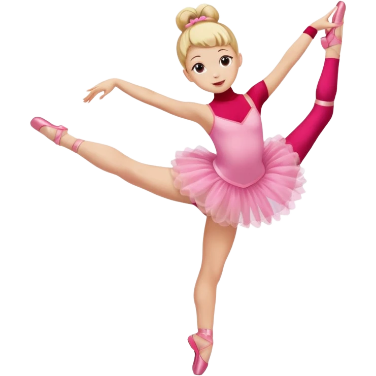 aestethic blonde girl doing ballet, with a pink tutu, bun, with a leg on the floor, and the other one in the air emoji