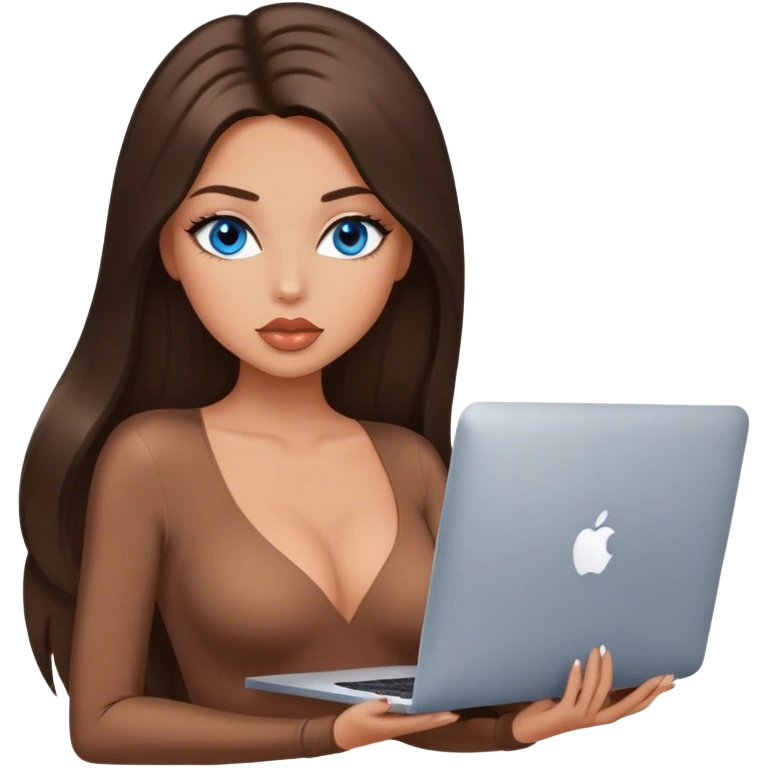 Glamours tanned very beautiful girl with big pump peach lips and dark chocolate straight smooth silky long hair, blue eyes in brown/beige bodysuit with MacBook emoji
