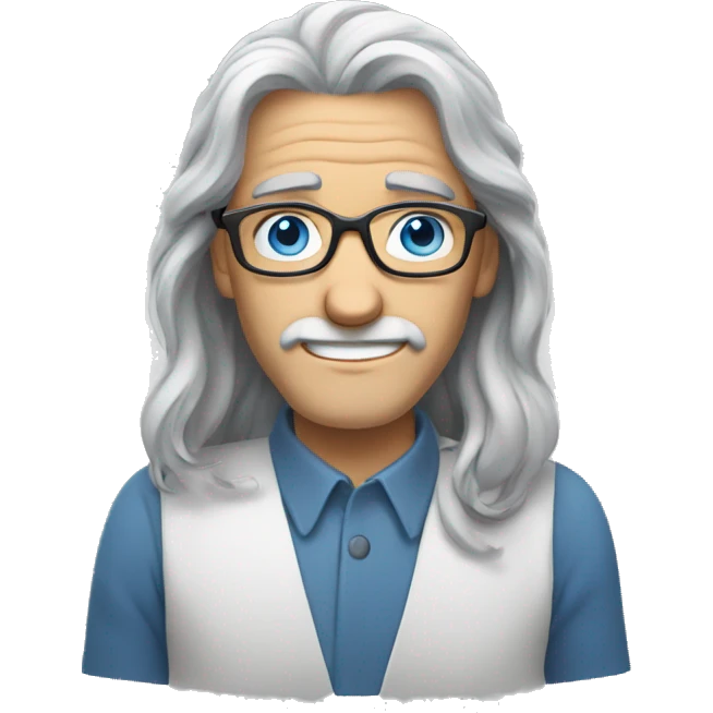 long gray hair, blue eyes, glasses, writing emoji
