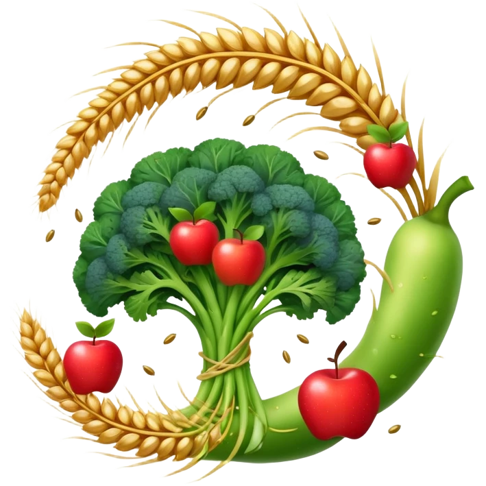 Golden wheat stalks, green leafy vegetables, bright apples, berries, broccoli, and tiny seeds surrounding a glowing spiral digestive system. Light sparkles flow through the intestines showing fiber's cleansing effect. emoji