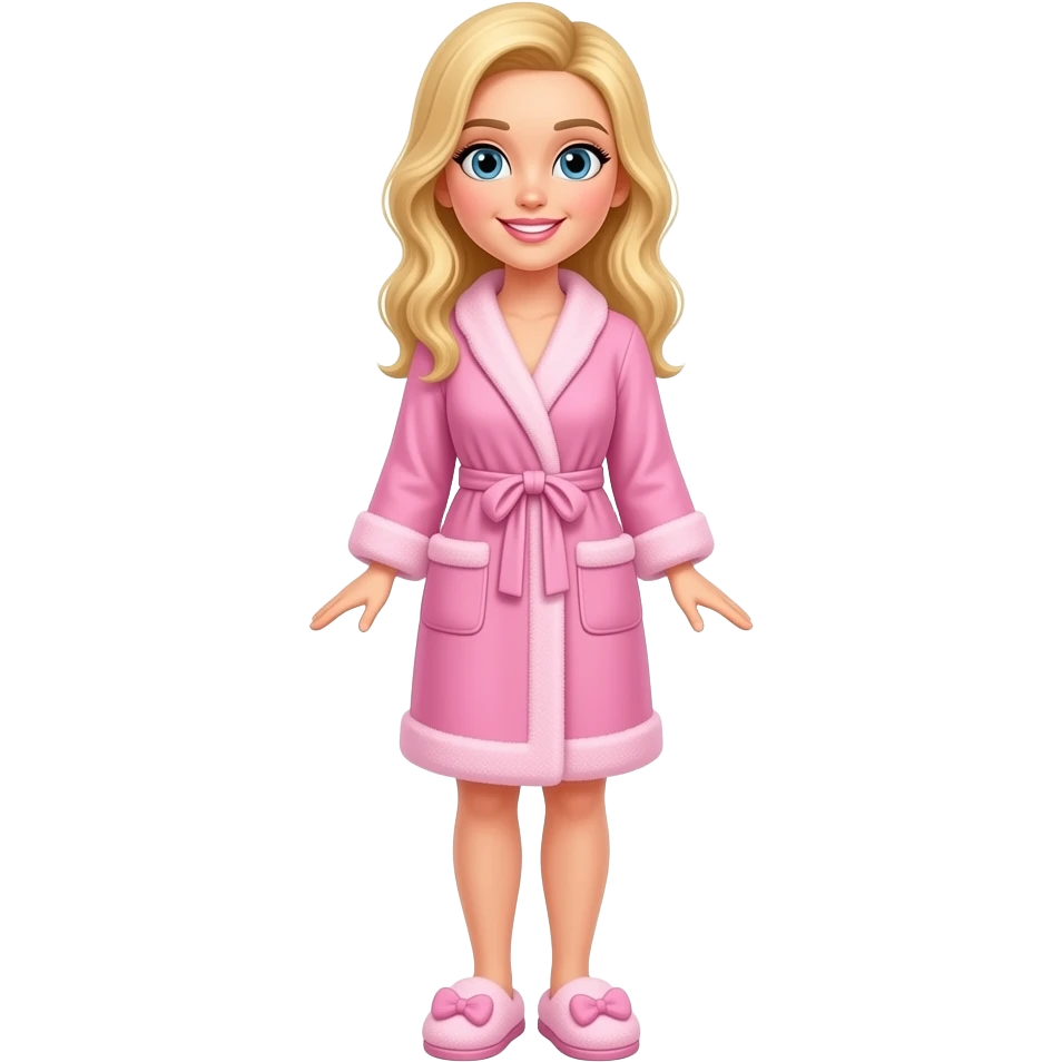 Cute blonde woman standing  in pink dressing gown and fluffy slippers emoji