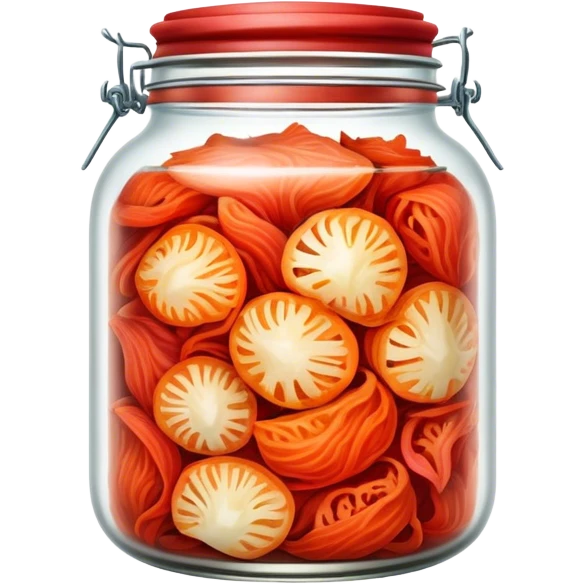 chopped up Kimchi Cinematic Realistic Kimchi Dish Emoji, depicted as spicy, fermented cabbage with vibrant red hues neatly served in a traditional jar, rendered with dynamic textures and bold, appetizing lighting. emoji