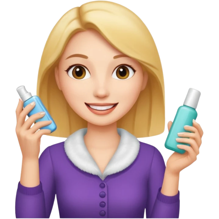 A woman holding a cosmetic product and speaking. emoji