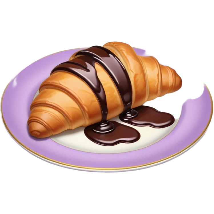 There's a croissant with chocolate syrup in a vintage pale purple plate. emoji