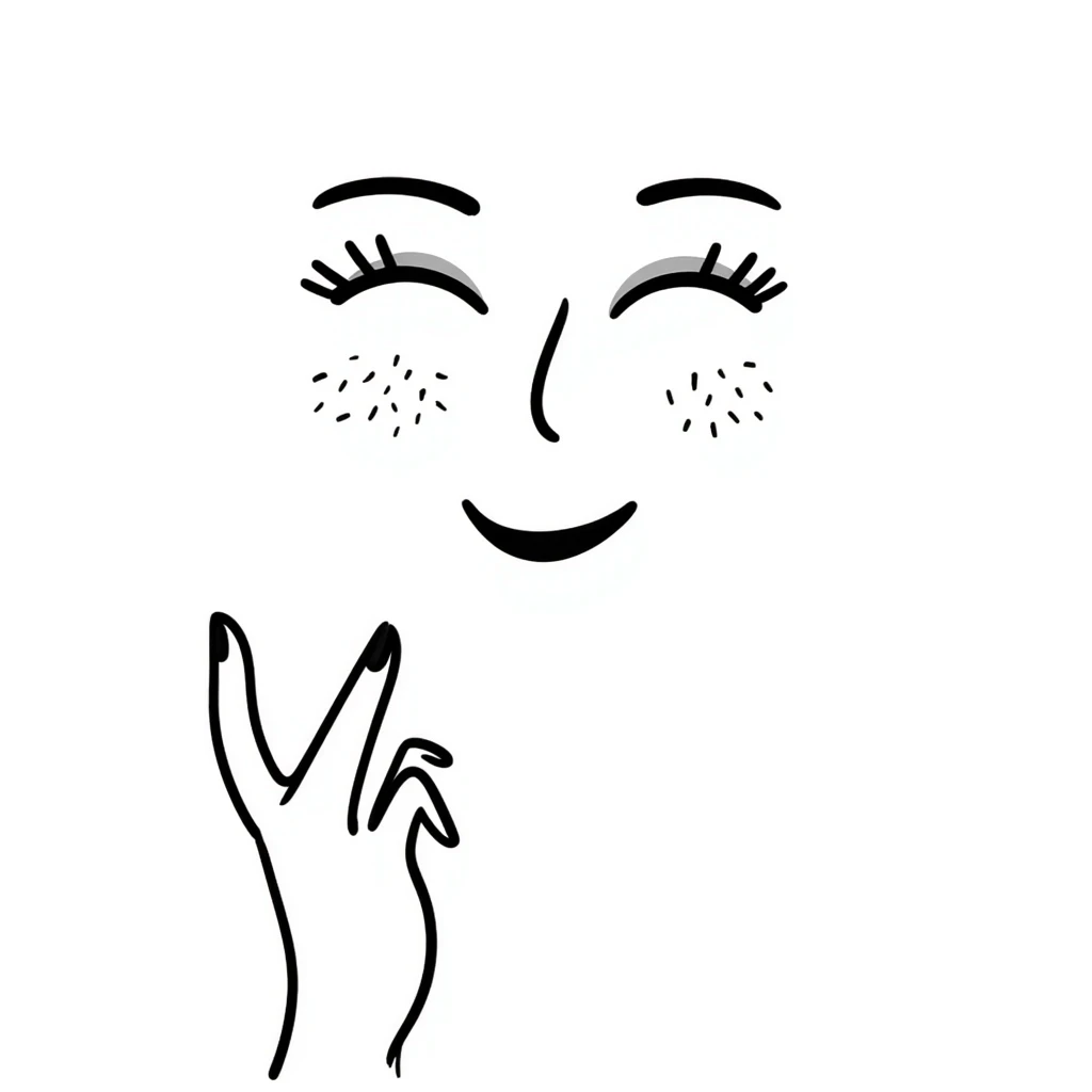 A hand-drawn face with closed smiling eyes with eyelashes, pursed lips wearing lipstick, and a hand with painted nails where only the thumb is out emoji