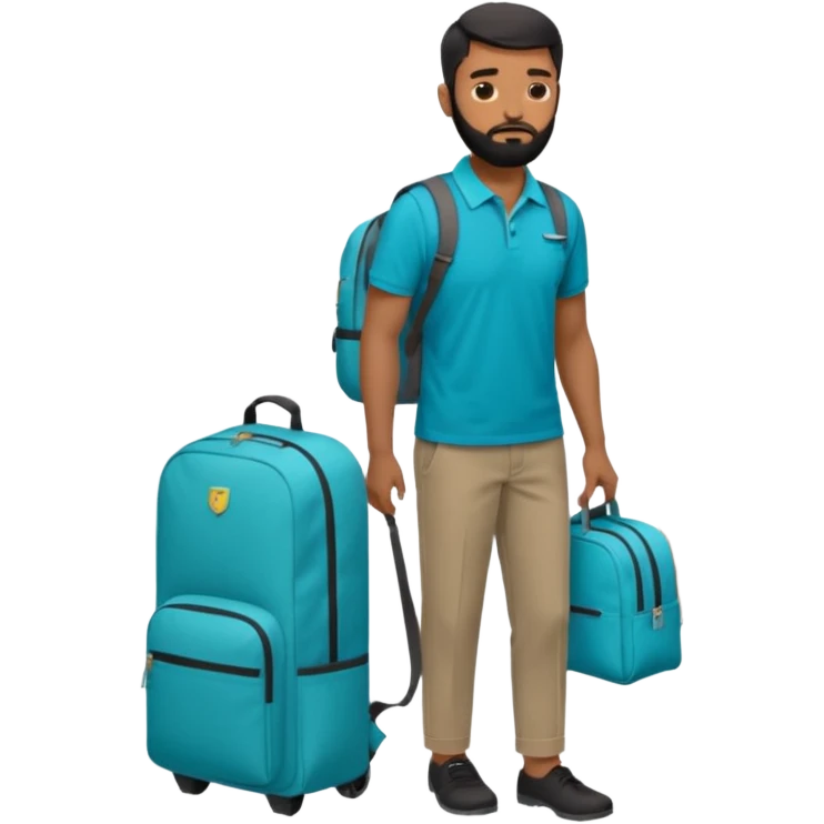 man with black short male hair and black hair and beard and hes in a office with his grey backpack on the floor and he has a tourquose polo shrit with gre dress pants and hes working at a hotel emoji