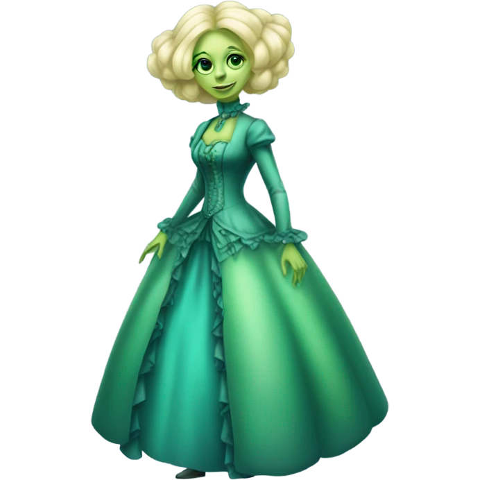 "green blonde alien woman" in cyan Victorian dress elegant, full body emoji