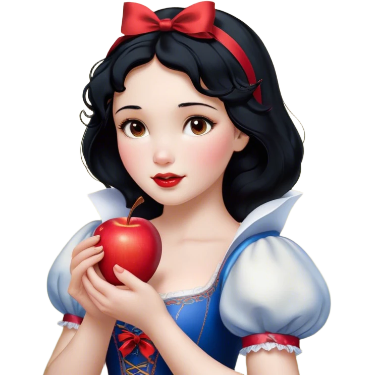 Cinematic Realistic Snow White Portrait, depicted with lifelike skin texture, soft natural lighting, and intricately detailed black hair styled with a red ribbon. Her soft brown eyes radiate innocence and kindness, complemented by a warm, gentle smile. She holds an apple in one hand, her other hand resting against her cheek, embodying her purity and charm. She is dressed in her classic yellow, blue, and red gown, the fabric rich in texture with delicate folds that catch the light beautifully. The portrait features a soft, natural glow with a radiant finish, capturing the essence of timeless beauty in a realistic and painterly style. emoji