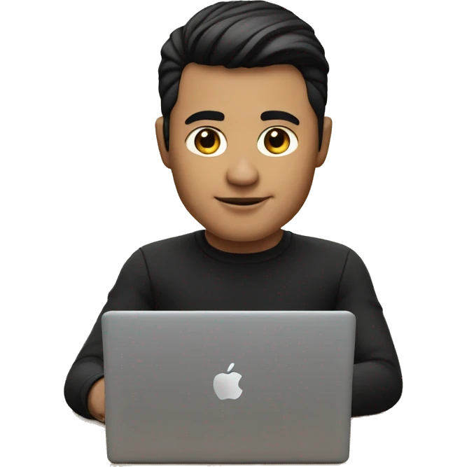     memoji of a man with a laptop in front, apple-style,modern,dark hair,black sweater,computer in hand,sitting on his desk emoji