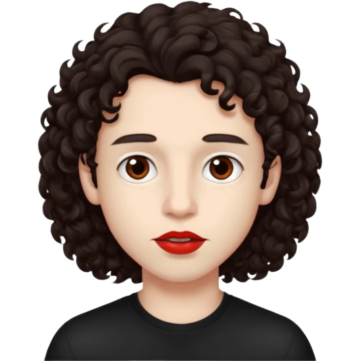 boy, really dark brown hair, curly hair, dark brown eyes, pale skin, red lips, long hair emoji