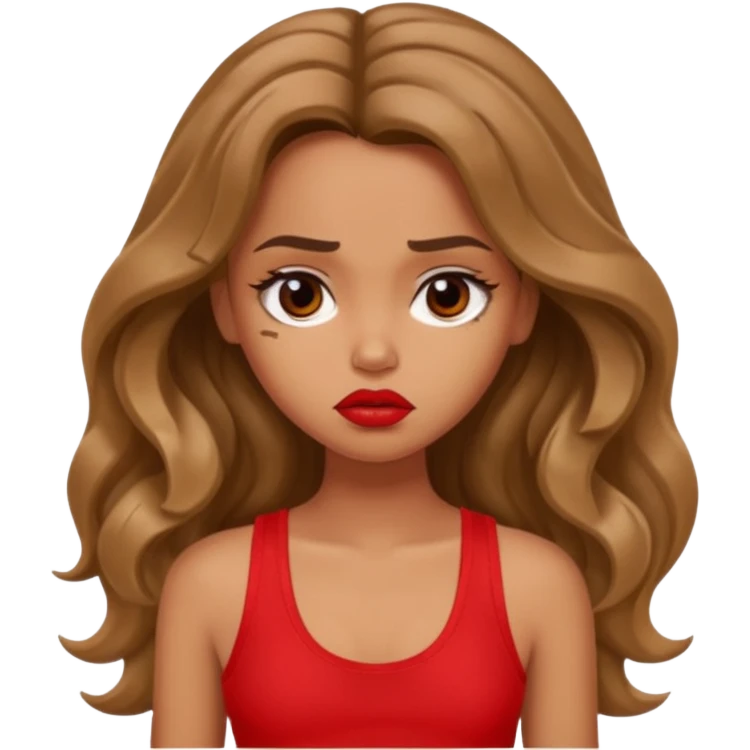 generate a pretty tan bratz girl with brown wavy hair long wearing a red tank top, red lipstick. Looking sad emoji