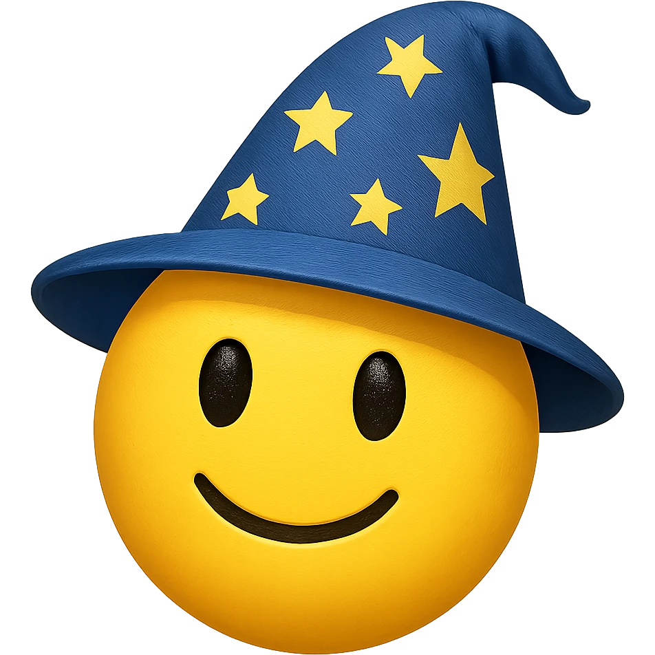 yellow face with blue wizard hat and stars emoji, digital illustration emoji