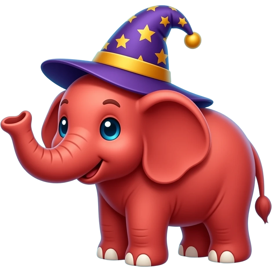 A magic red cute elephant with a wizard hat emoji