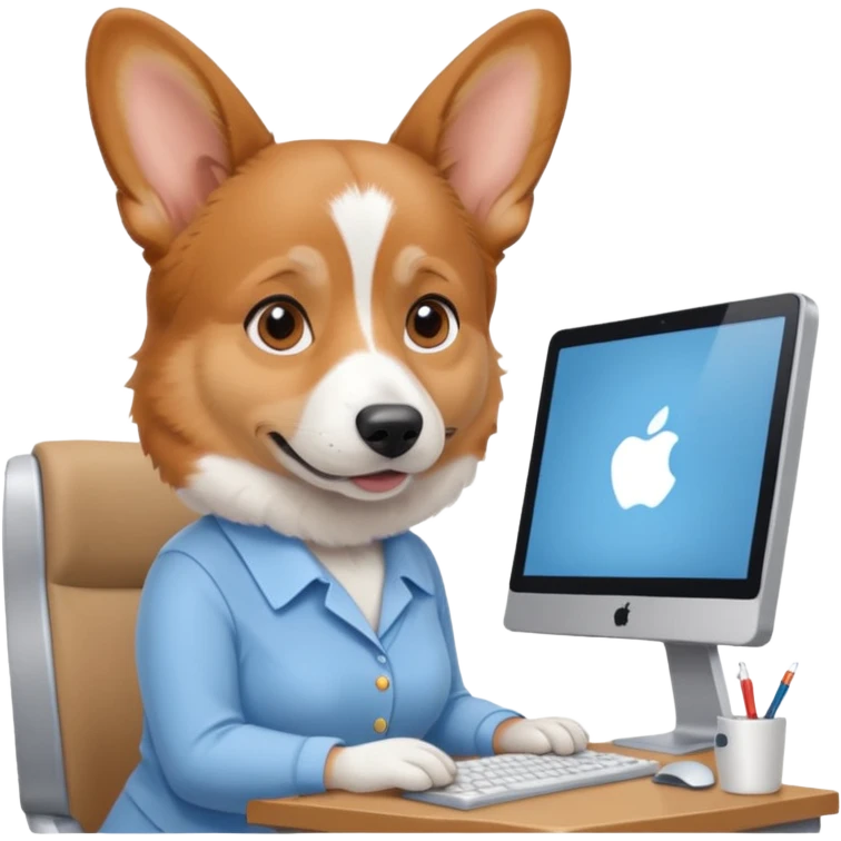 perrita caricatura gorgi gales ejecutiva con ropa celeste claro mujer frente a computadora emoji