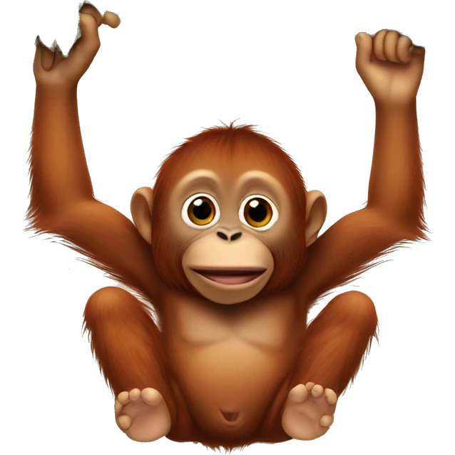 Baby orangutan hanging from a vertical tree branch one hand over his mouth emoji