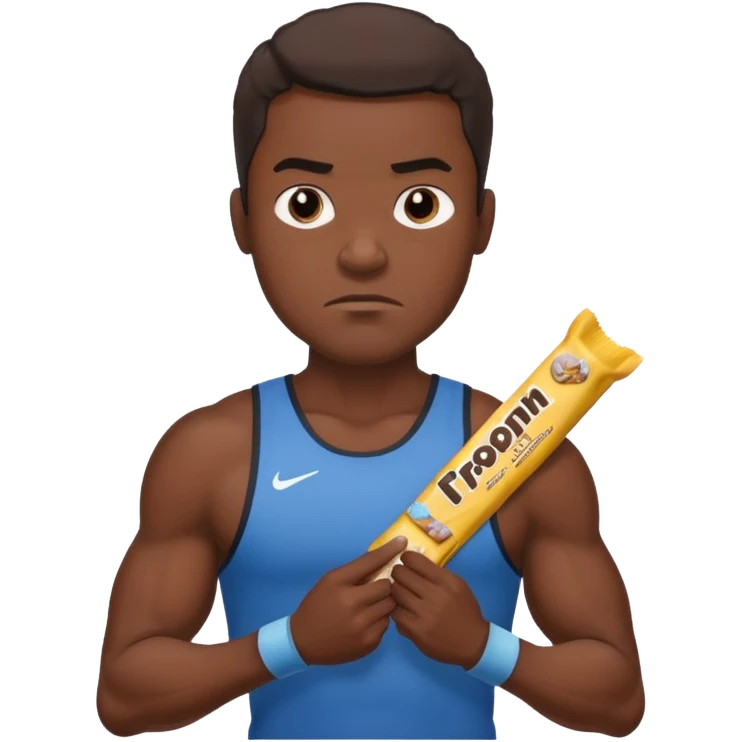 A male athlete holding a protein bar and frowning deeply emoji