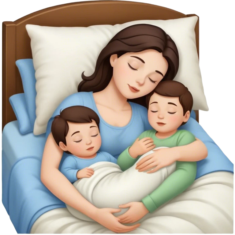 Brunette white beauty sleeping with toddler boy and baby boy in bed  emoji