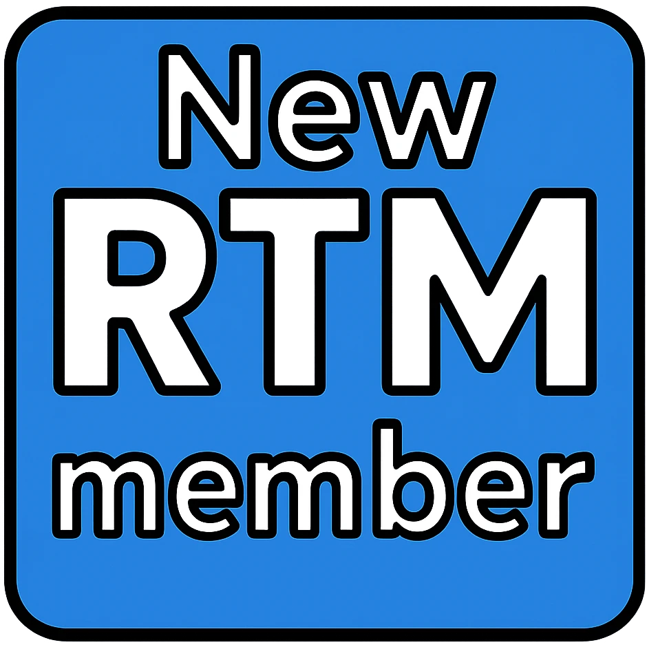 Adjust the blue square icon to make room for the word 'member' at the bottom inside the box, keeping 'New' at the top and a larger 'RTM' in the middle. All text in white, maintain the icon style with lineal color and black outlines. emoji