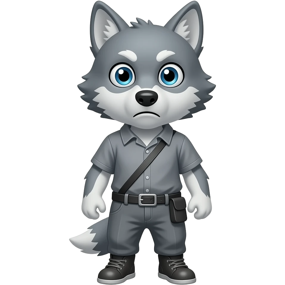 A little gray wolf shaped like a little human, dressed in gray, looking at us because he's very alarmed. emoji