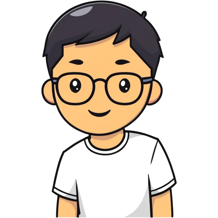 Asian man with short black hair, glasses, friendly smile, Josh Lim character emoji
