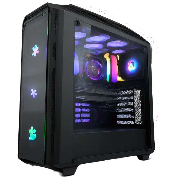 Black gaming PC RGB mid-tower case with glass side panel emoji