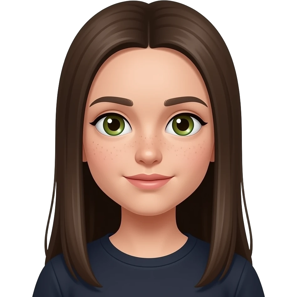 haz una chica con ojos verdes y marrones con pelo muy largo, liso y castaño muy oscuro, con pecas emoji