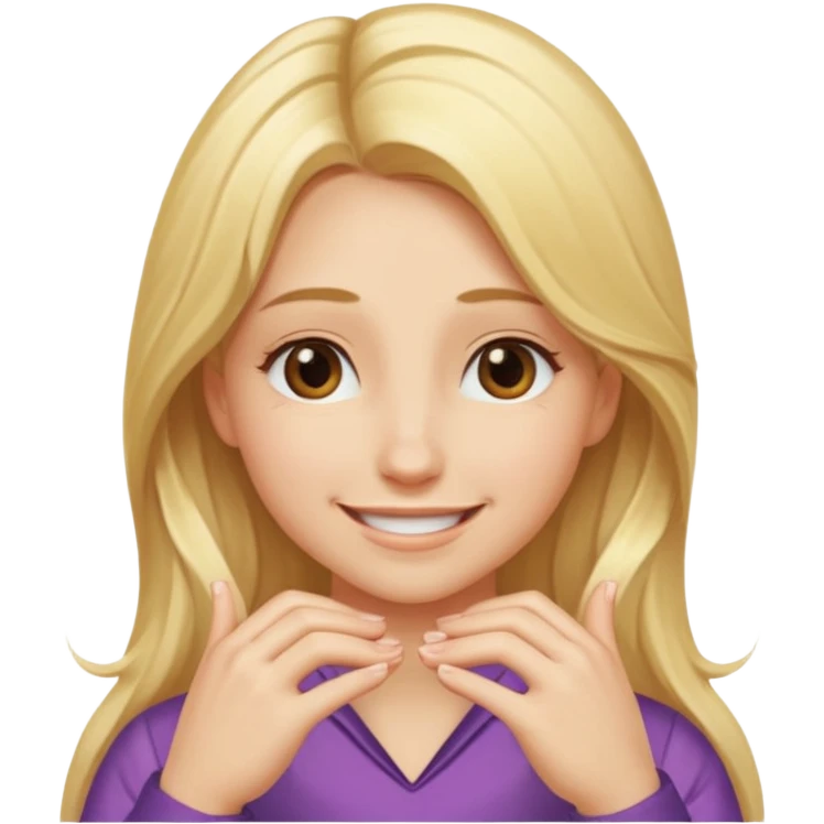 Girl with long blonde hair smiling with Hans facing down in a v shape under chin  emoji
