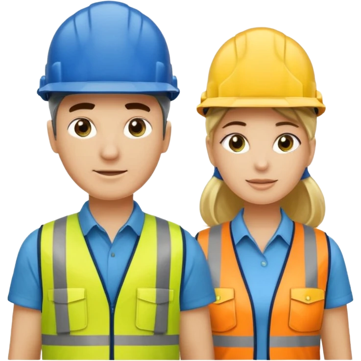 Um homem e uma mulher amarelos com capacete de obras ambos azul escuro e camisa social cinza com faixas refletivas verdes nos braços, Um deles deve estar segurando um megafone emoji